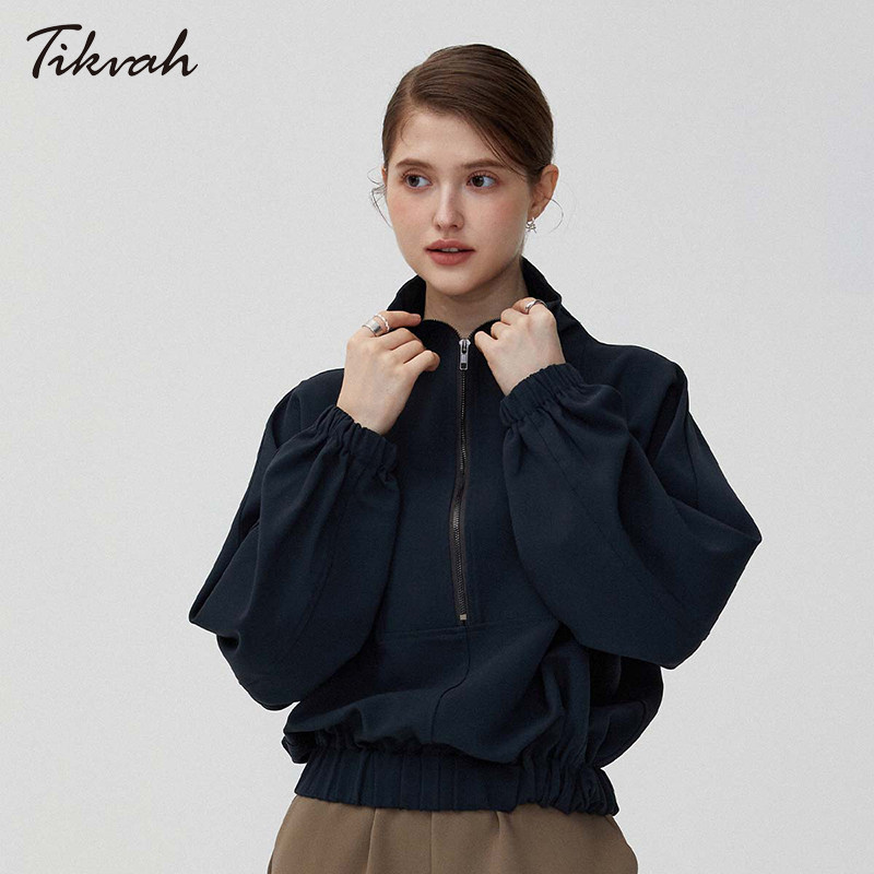 TIKVAH原创设计春秋新款女立领短款外套卫衣打底落肩袖超好看气质