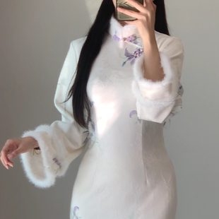 四季予她【月瑶】秋冬加绒温柔白色气质鸢尾花旗袍 衣长118