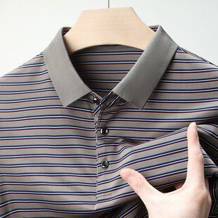 T恤男士 中年高端爸爸真丝POLO衫 桑蚕丝短袖 夏季 上衣 条纹时尚 半袖