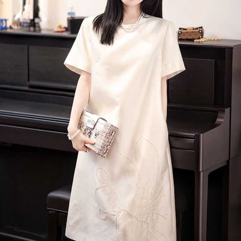 高端手工钉珠绣花真丝羊毛礼服