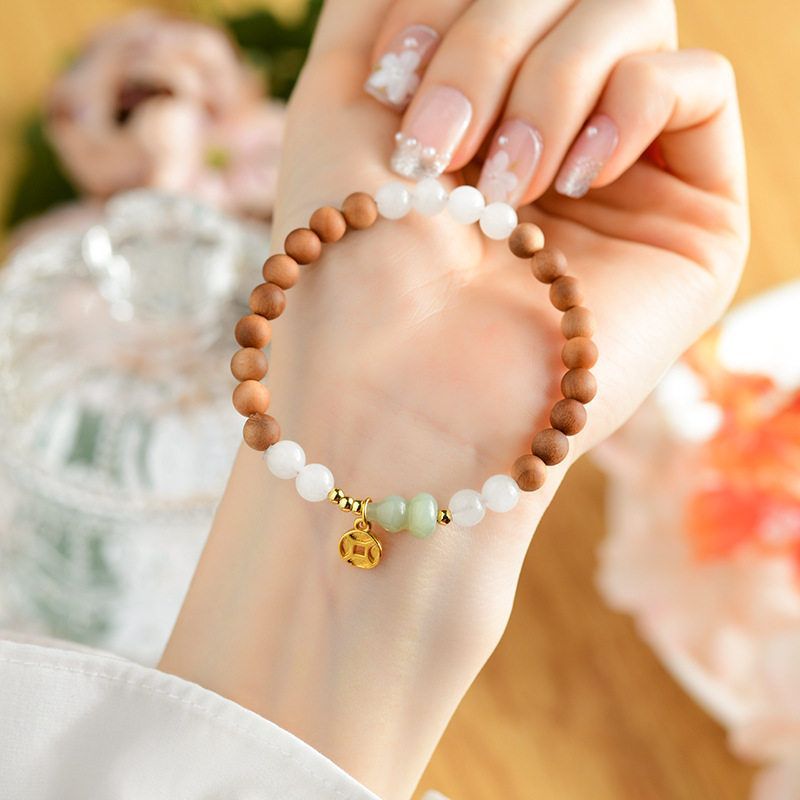 檀木白玉手串搭配葫芦铜钱挂坠新中式佛珠念珠盘玩女手链礼物