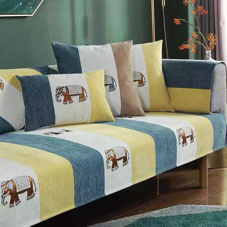 橙色雪尼尔沙发垫四季通用防滑格子坐垫子简约现代沙发套罩巾组合