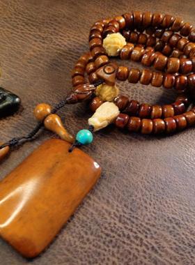 佛珠心经108颗挂件男女西藏骨手串汽车手链藏式吊坠文玩天然桃木