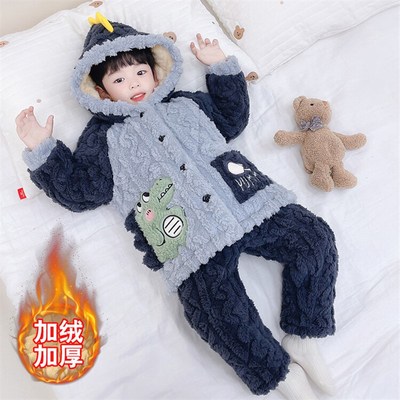 儿童睡衣男童冬季珊瑚绒三层夹棉加厚款保暖中小童男孩家居服卡通