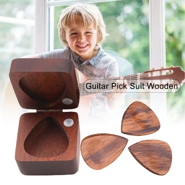 新品Wooden 3Pcs Square Stylish Plectrum Pick Holder for Bass