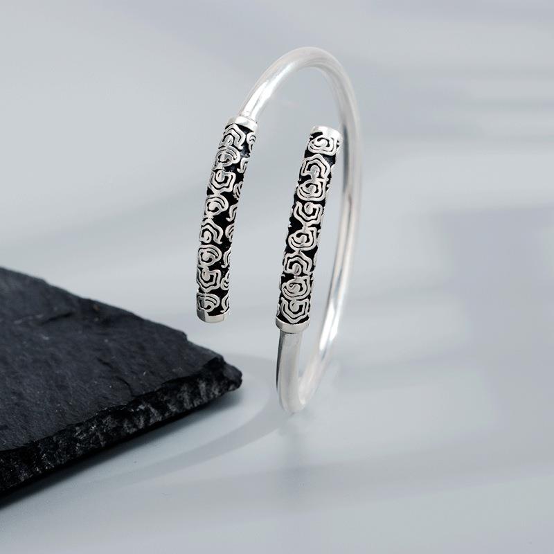 复古金箍棒手镯男白铜镀银实心镯子女民族风祥云紧箍咒开口手环