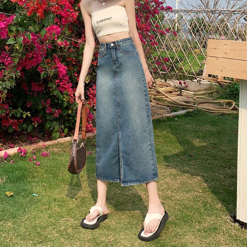 复古高腰牛仔裙半身裙女夏季薄款a字中长款包臀开叉裙子辣妹潮ins