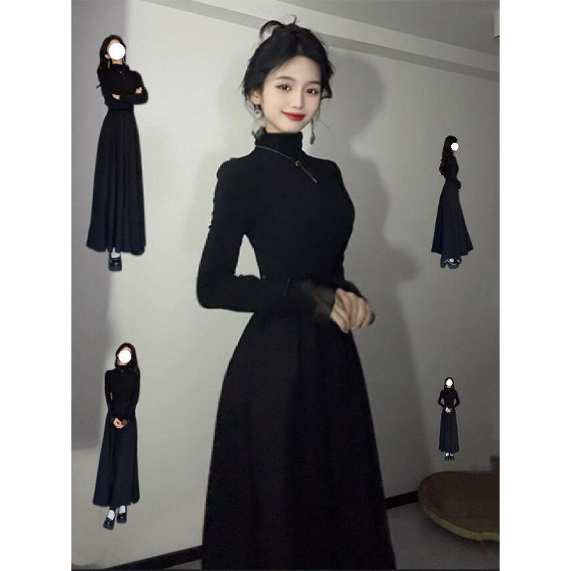 半高领小黑裙子女春秋2026新款大衣内搭打底赫本高级感黑色连衣裙