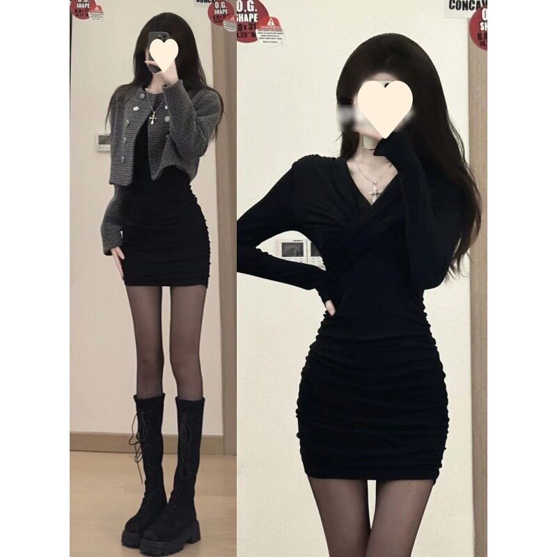 2025新款黑色辣妹性感打底连衣裙子女秋冬季配大衣内搭后妈包臀裙