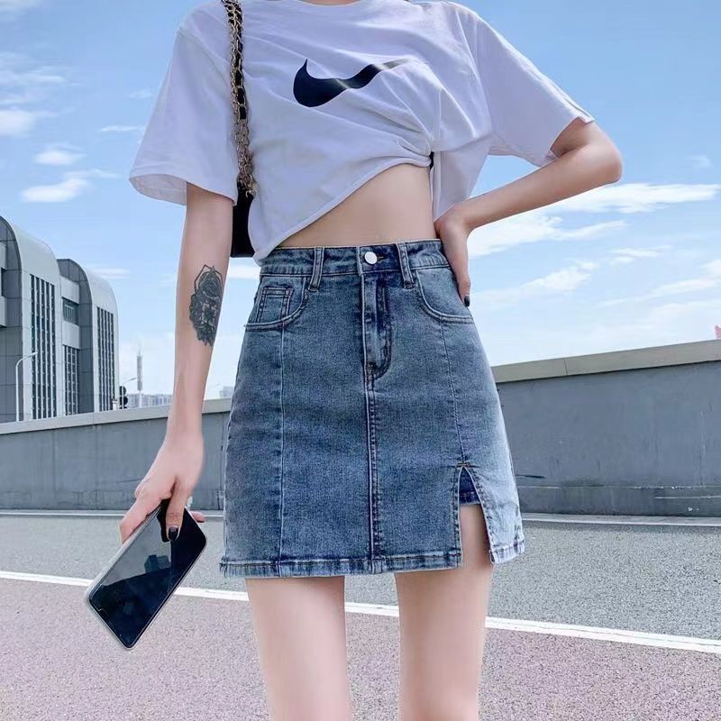 弹力牛仔半身裤裙女2023夏新款小个子高腰短裙子a字开叉包臀裙ins