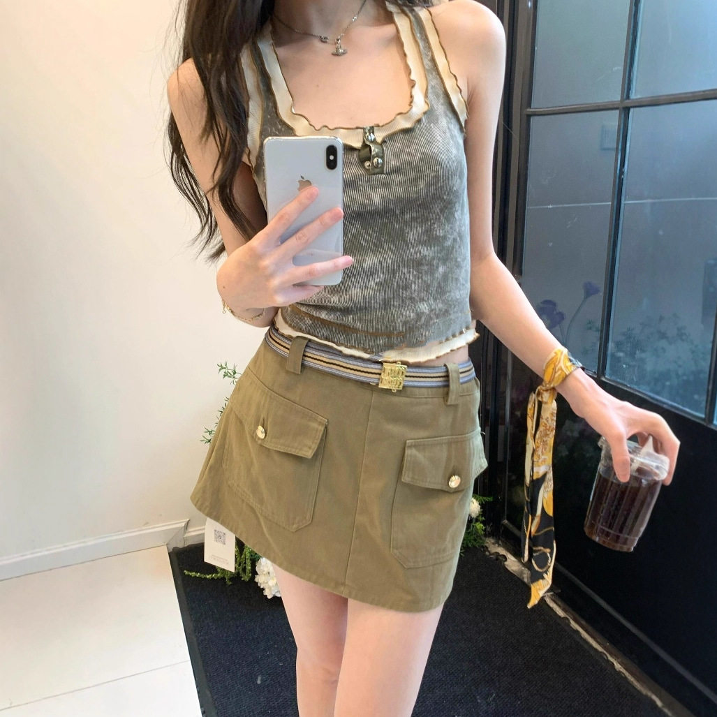 南油女装Miu系A字短裙401新款美拉德工装裙女短款口袋半身裙