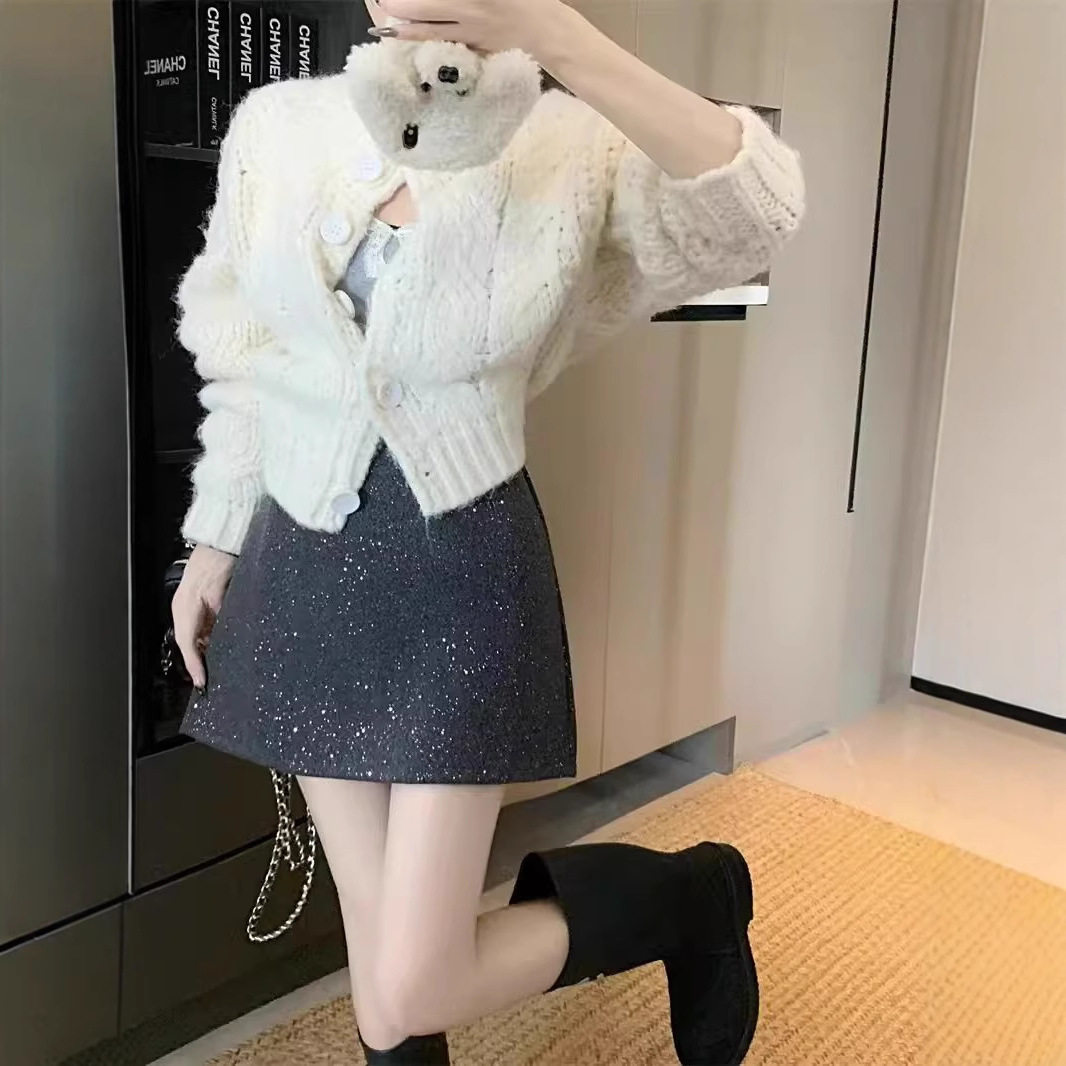 梨形身材法式复古高腰亮片半身裙女冬大码小香风毛呢a字包臀短裙
