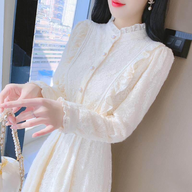 蕾丝连衣裙高级感女装秋新款设计感别致内搭配大衣中长款打底裙子