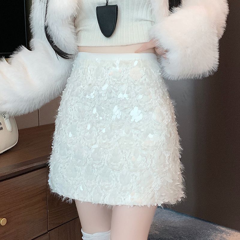 白色亮片a字半身裙女2025春秋冬新款高腰显瘦辣妹防走光包臀短裙