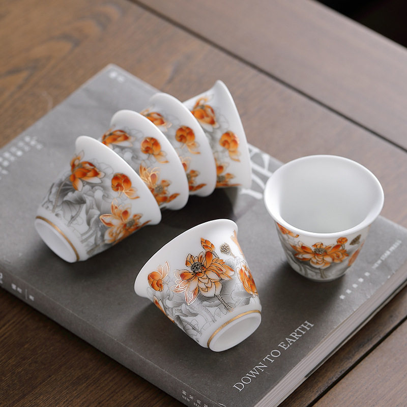 爱赏6个装羊脂玉瓷茶杯主人杯功夫品茗杯描金素烧和为贵茶碗水杯