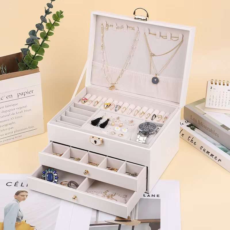 恒泽包装首饰盒菱格大三层高端首饰盒PU皮革珠宝收纳展示包