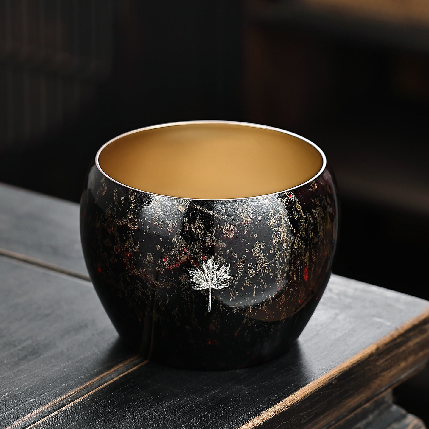 黄铜手工大漆建水茶渣缸枫叶废水缸家用桌面茶洗高端水盂茶具配件
