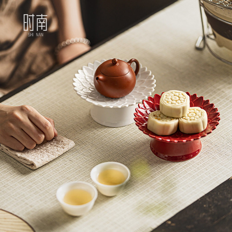 莲花可沥水高脚果盘中式高足点心盘茶点盘壶承干泡台订婚桌面摆台