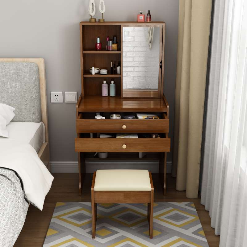 实木梳妆台卧室化妆镜收纳柜一体现代简约60cm迷你经济型化妆桌