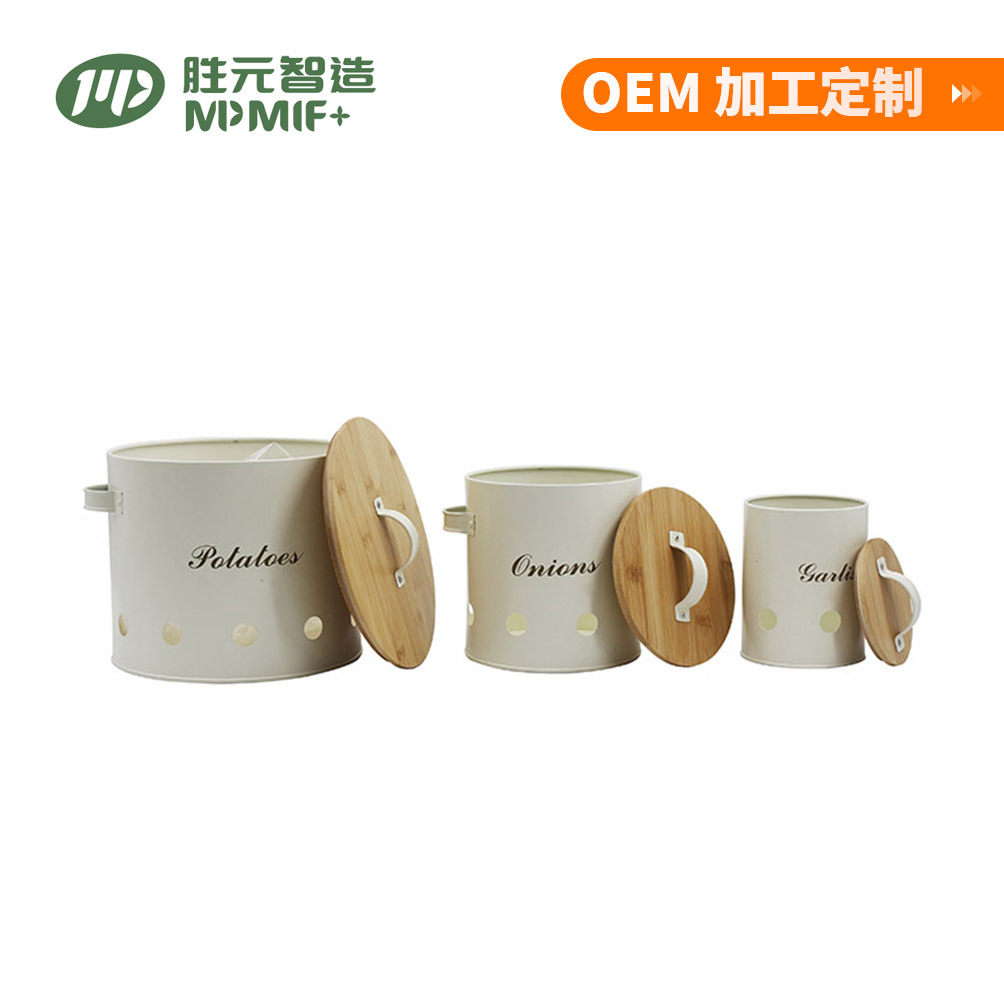 镀锌圆形竹盖土豆洋葱蒜头储存罐 金属带透气孔储物罐 厨房密封罐