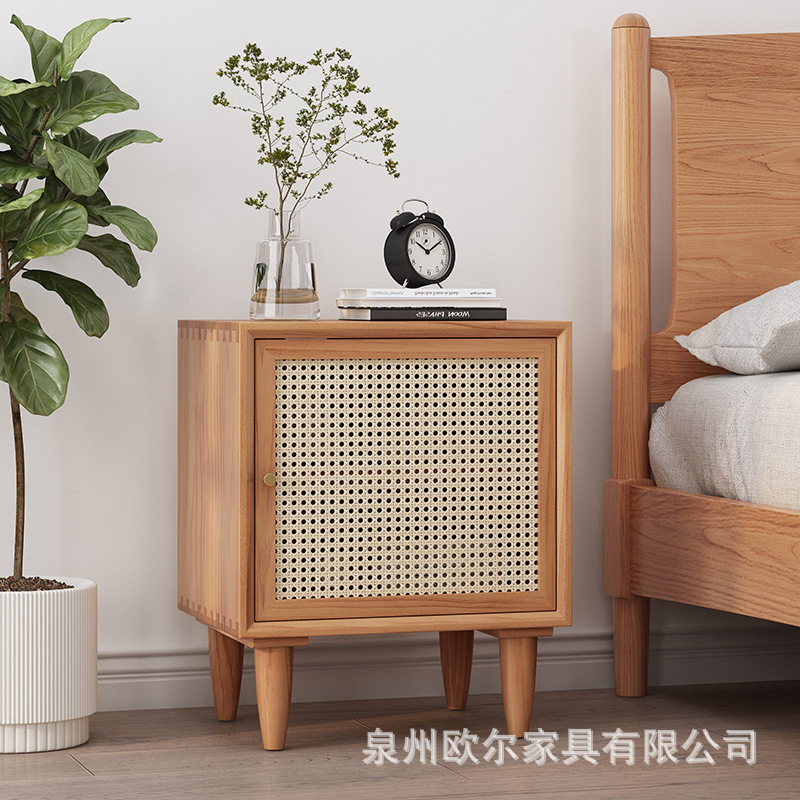 北欧全实木床头柜 现代简约小户型藤编沙发卧室台灯储物收纳柜