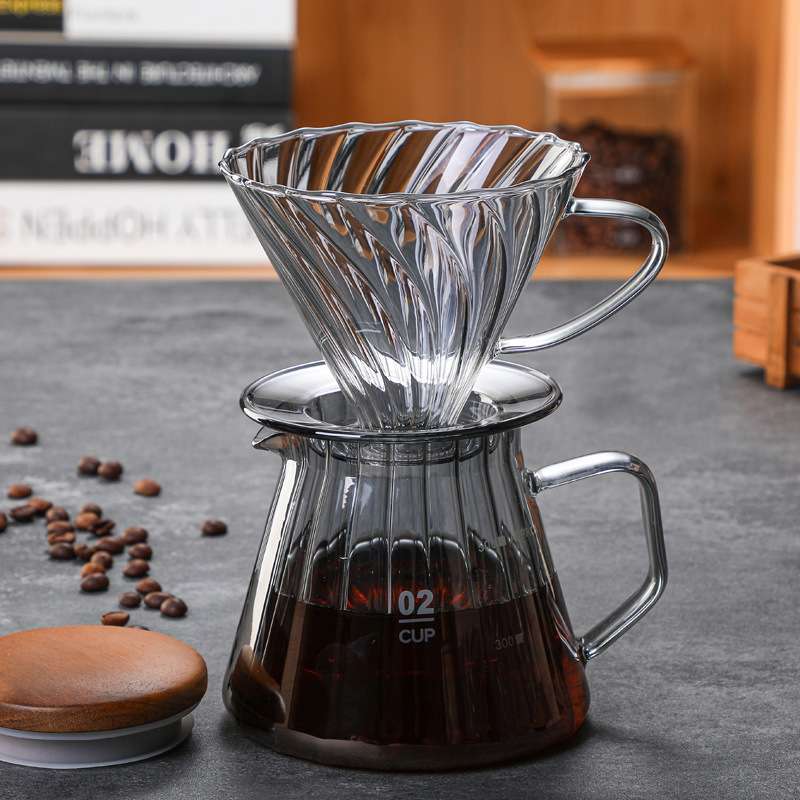 现货电镀烟灰色玻璃咖啡壶套装V60滤杯咖啡漏竖纹云朵壶