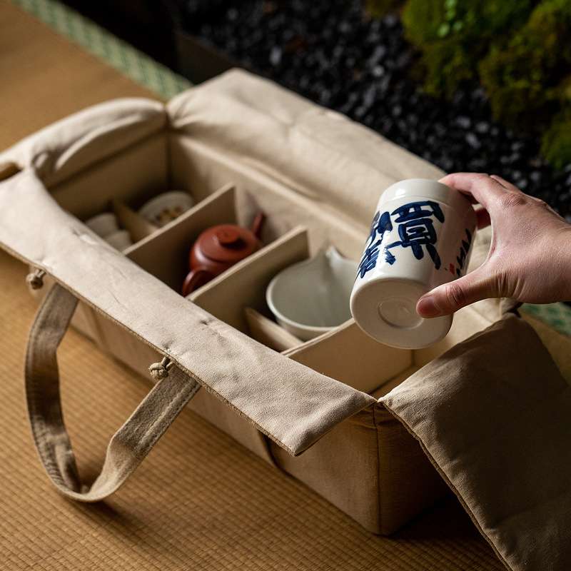 1中式棉麻布艺车载茶人包自由组合内格大容量茶具收纳包旅行布袋