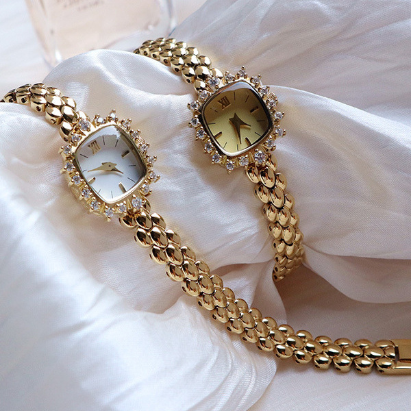 日系新款agete同款镶钻高级轻奢复古迷你表盘镀金手链石英女礼物