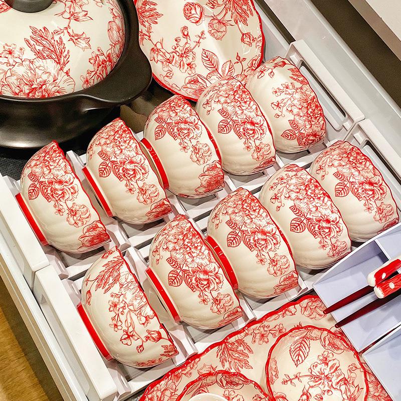 新中式红色陶瓷餐具家用新婚礼物乔迁送人厨具盘子碗全套菜盘