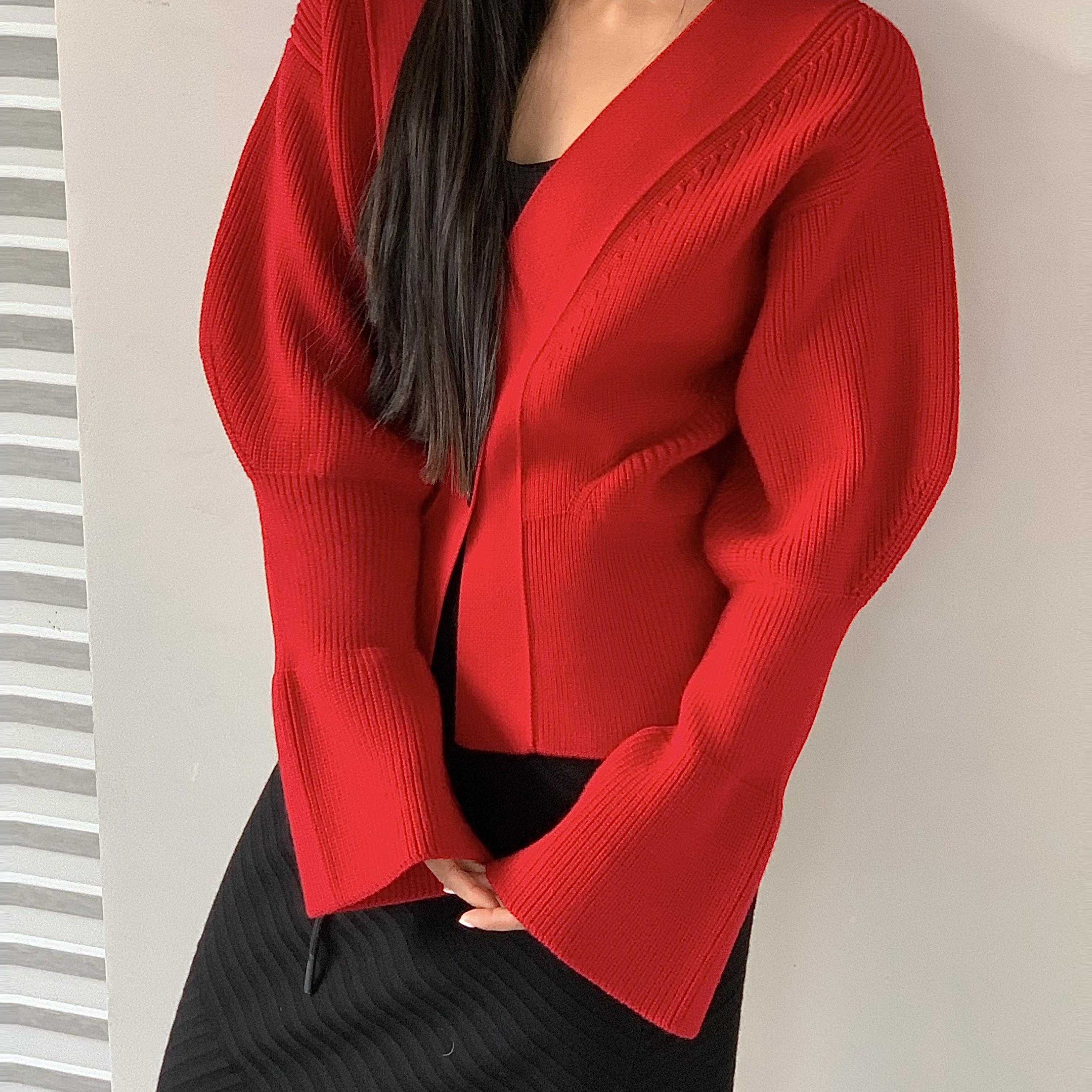 觉织羊毛V领开衫喇叭袖针织开衫