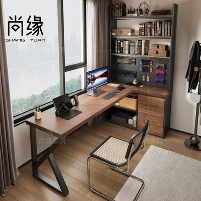 实木转角书桌书柜书架一体 书房拐角双人办公桌家用靠墙l型电脑桌