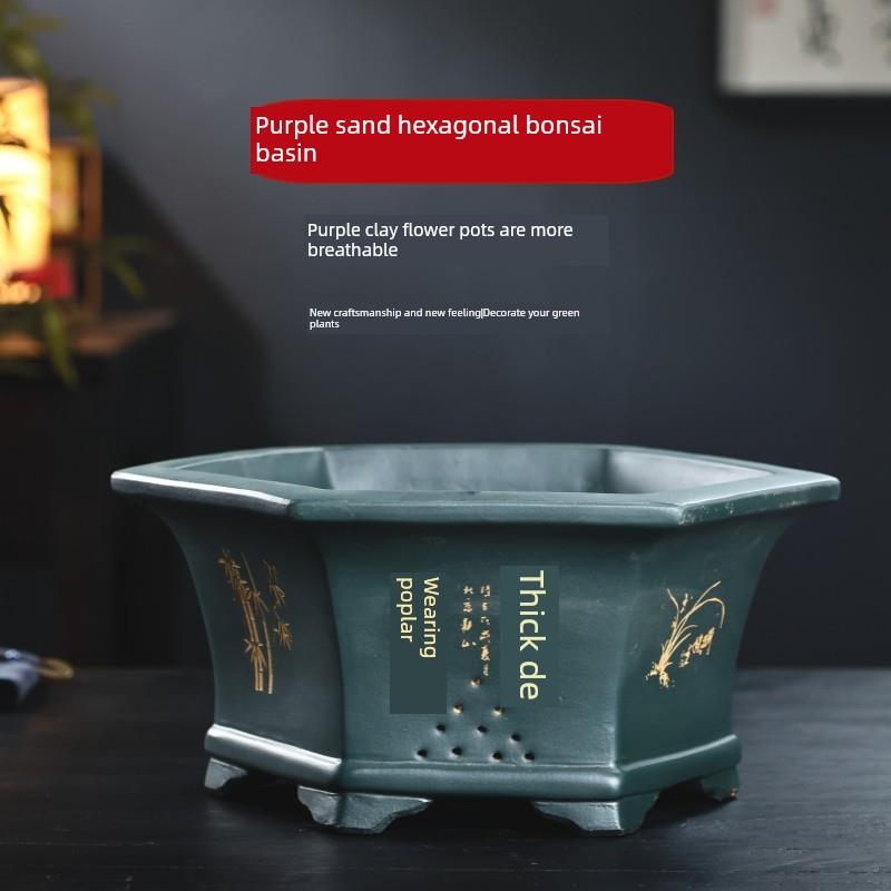 宜兴紫砂盆景壶六方海棠透气性老桩木阳台蔬菜种植工艺品手工陶瓷