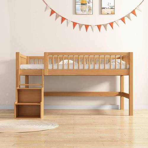 儿童半高床带滑梯实木男女孩榉木中高床1.2米1m1.5飘窗拼接床定制