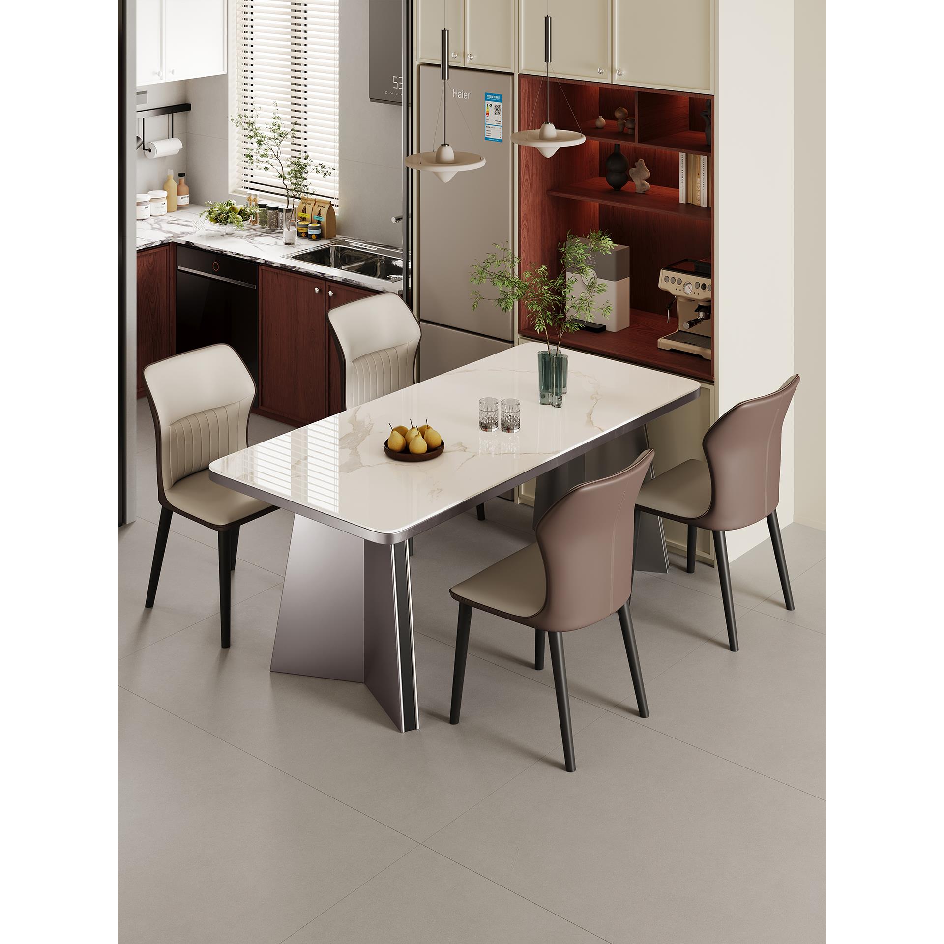 意式极简不锈钢下挂岩板餐桌椅组合现代简约家用小户型长方形饭桌