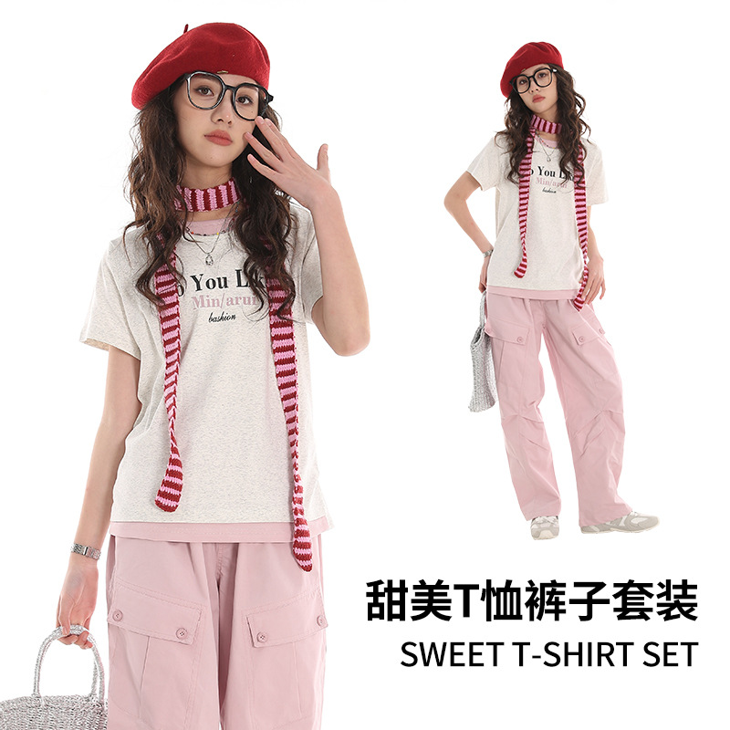 2025夏季新款女童T恤裤子套装纯棉透气印花7-15岁童装夏装韩版潮