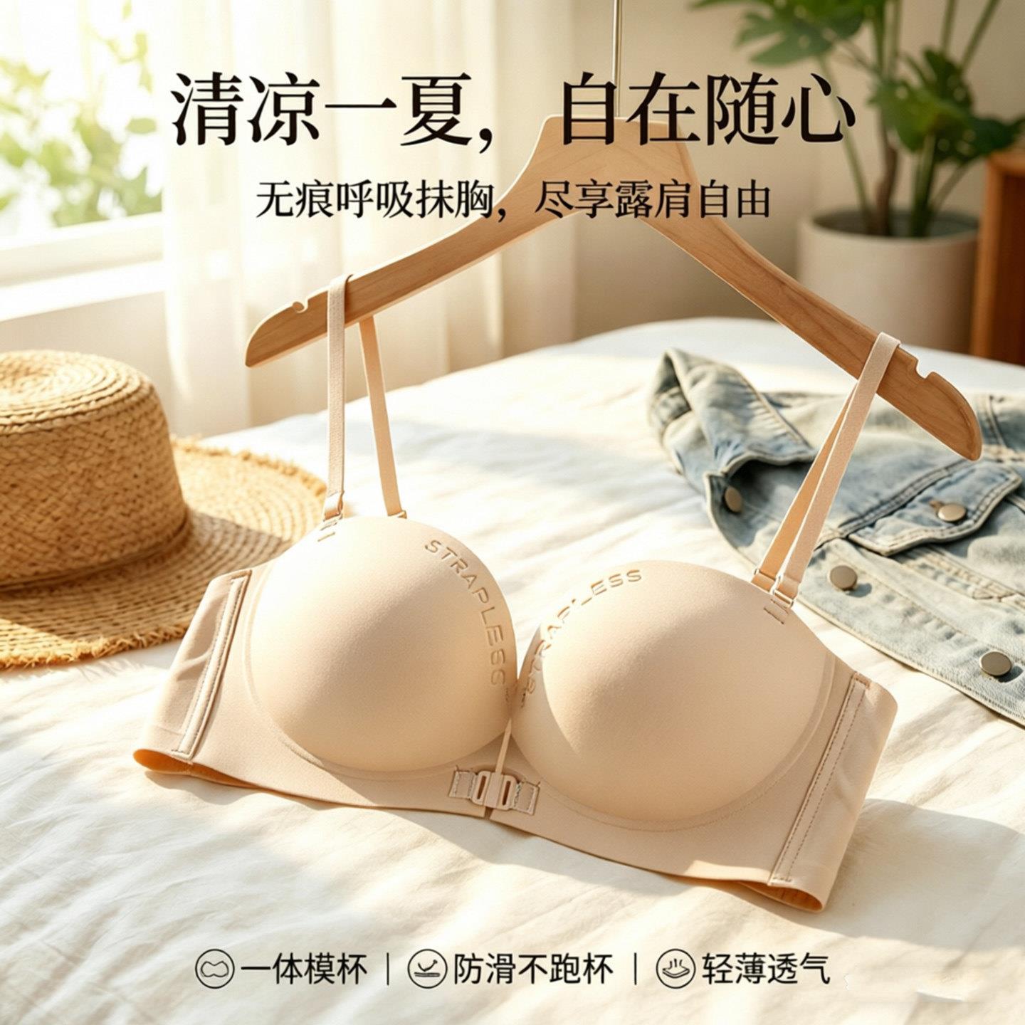 前扣聚拢无痕内衣女露肩细肩带防滑不跑杯美背内衣防侧漏透气胸罩