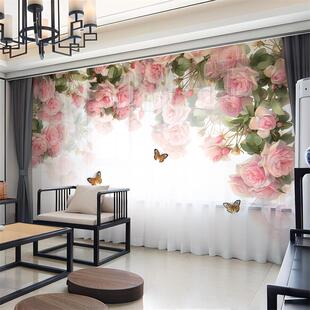 粉色欧式大花朵窗帘遮光2025新款别墅客厅卧室阳台透光不透人纱帘