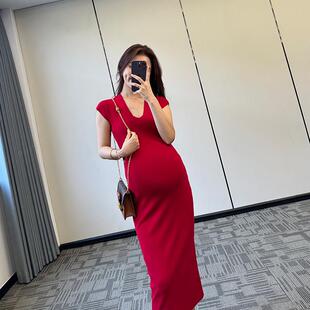 WAWA孕妇装法式红色洋装夏季简约高弹冰丝春夏小众绝美显瘦修身