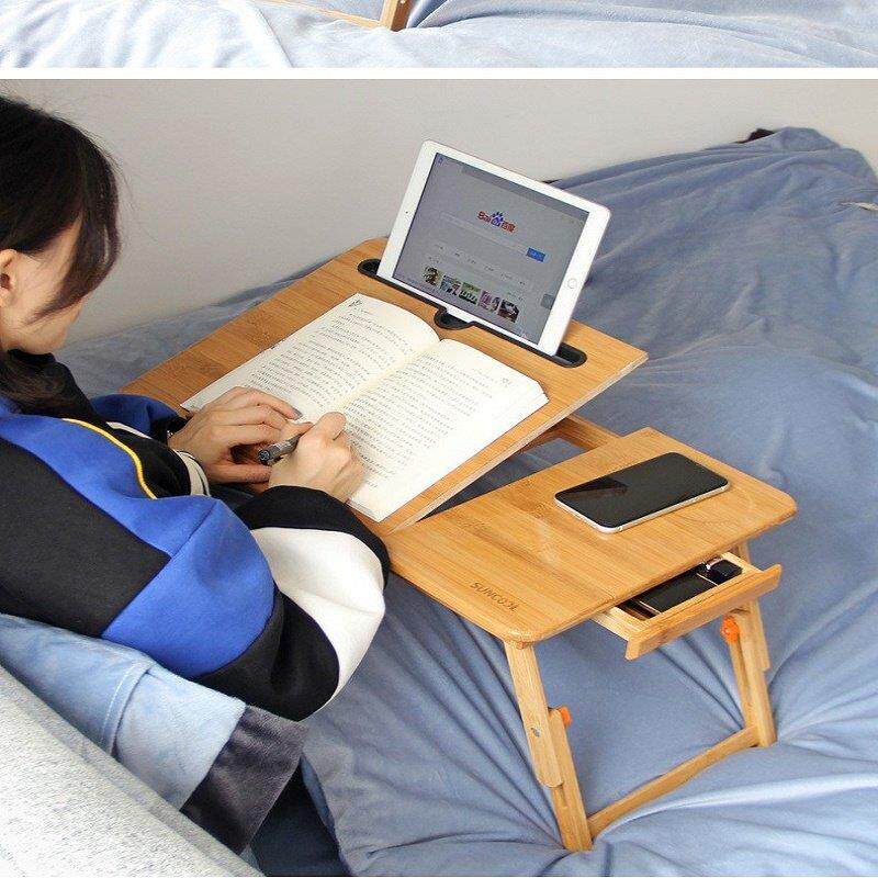 折叠电脑桌家用台式床上桌子化妆台一体置物架实木简易升降网红