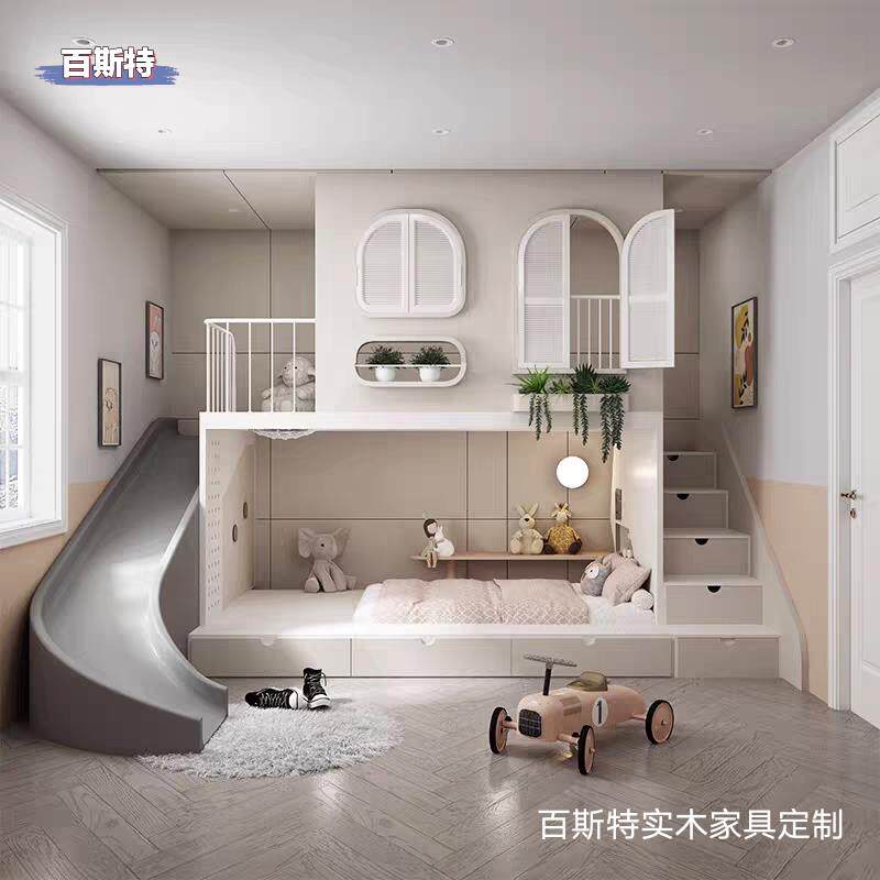 全屋定制全实木儿童房树屋床带滑梯梯柜储物高低上下铺阁楼双层床