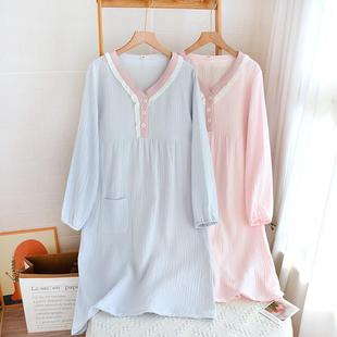 纯棉纱布长袖睡裙女睡衣夏季中长版洋装薄款夏天家居服纯色甜美