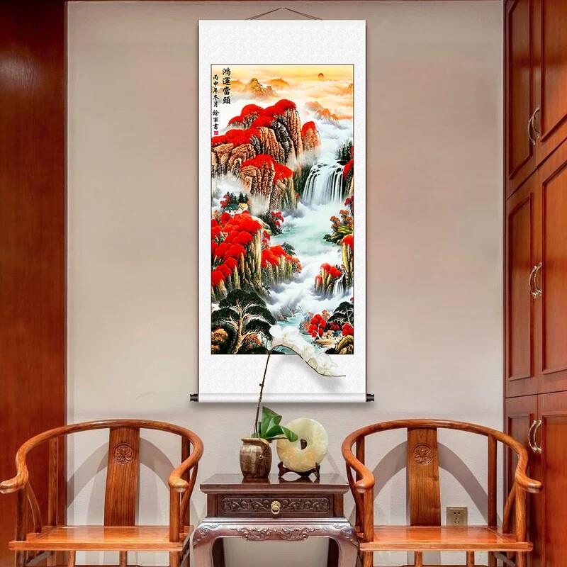 鸿运当头国画 玄关山水画卷轴挂画竖版风水靠山客厅办公室 招财