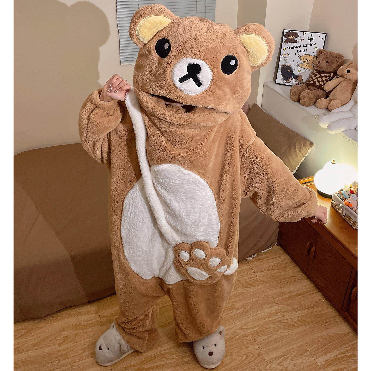 可爱轻松熊连身睡衣女秋冬季加厚珊瑚绒睡袍女士冬天可外穿家居服