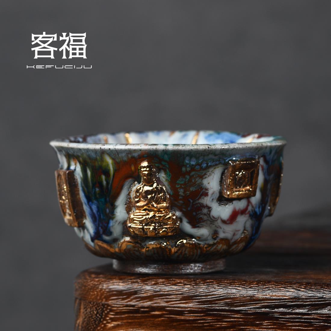 客福手捏窑变釉志野烧佛像茶杯24k鎏金手工艺品茶具单杯陶瓷茶杯
