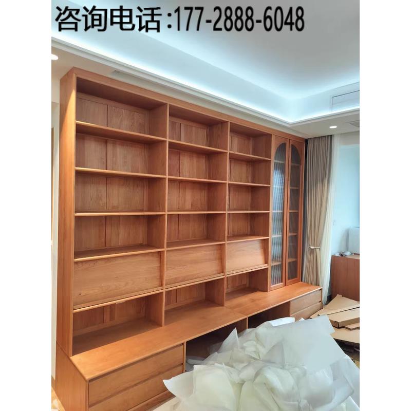 日式原木客厅樱桃木黑胡桃木书柜带卡座书橱定制客厅满墙书柜书架