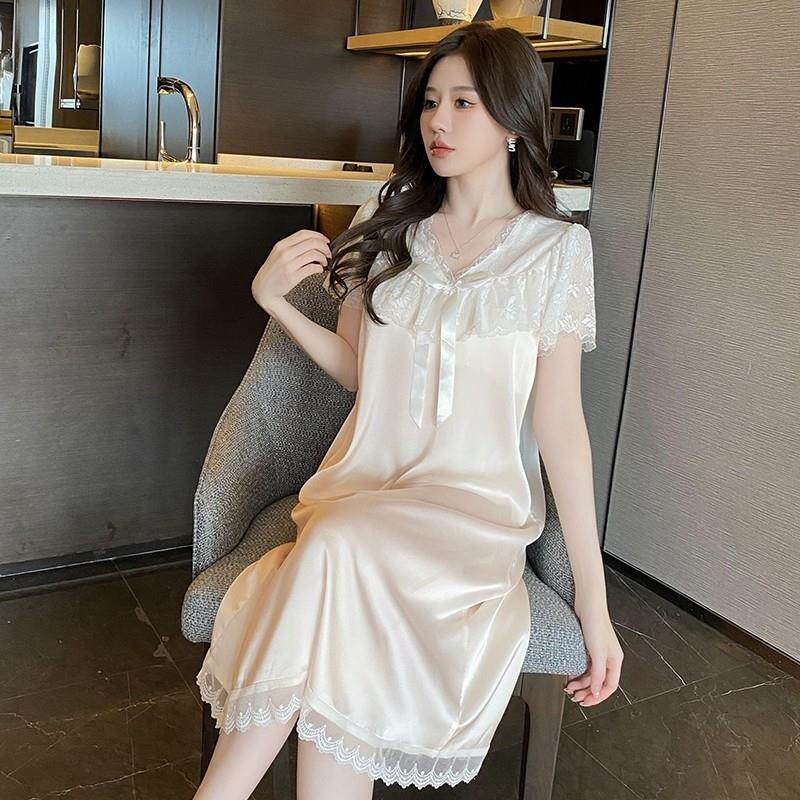 女士带胸垫冰丝睡衣女款爆款2025新款网红睡裙蕾丝家居服女可外穿