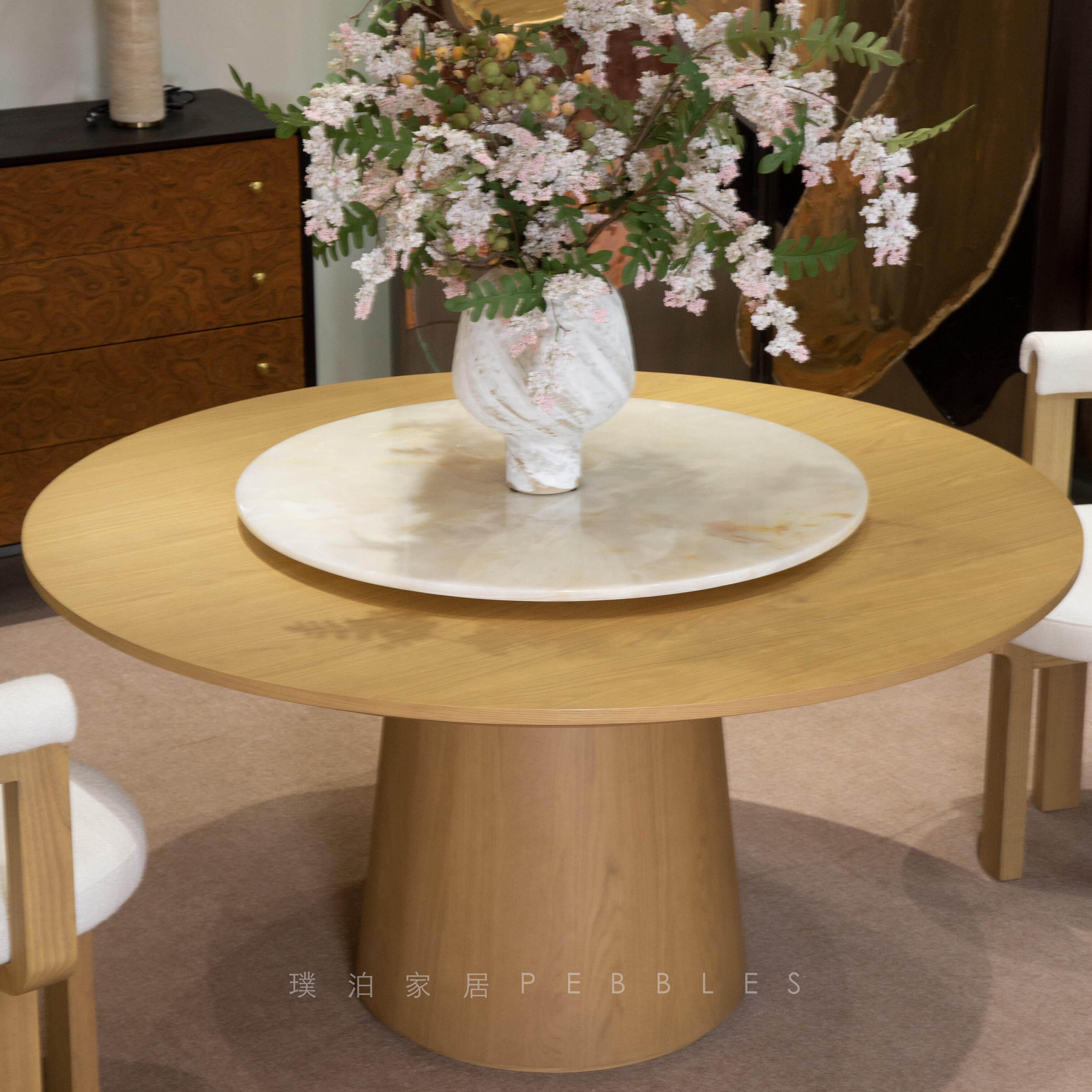 实木圆形餐桌椅组合原木家用客厅设计师款简约餐桌大理石转盘餐桌