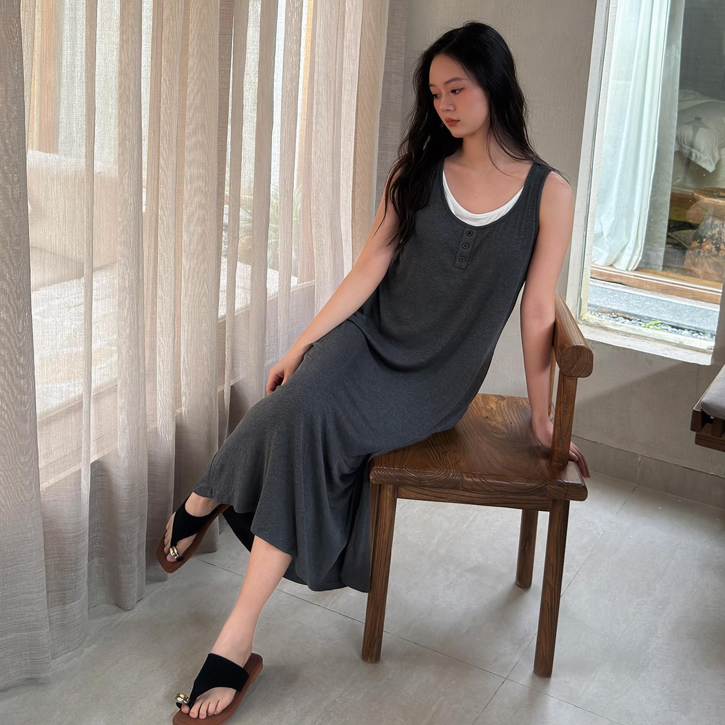 带胸垫一体睡裙女夏季莫代尔中长款连衣裙子薄款冰丝夏天孕妇睡衣