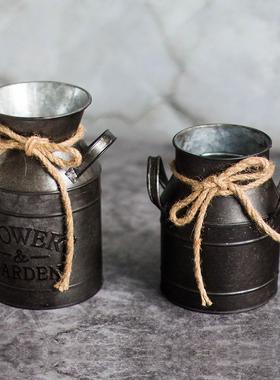 复古做旧铁皮桶花桶花器花盆花瓶装饰摆件摆设道具花园欧式奶壶桶