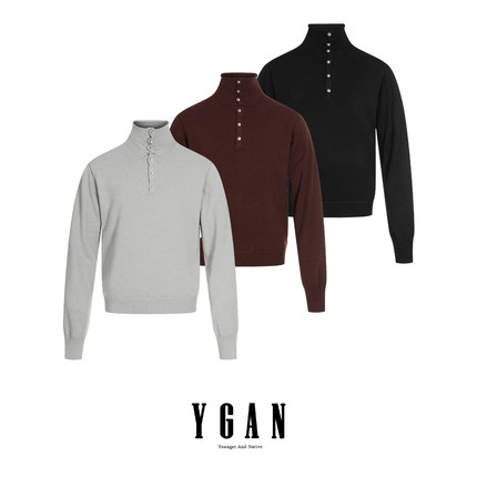YGAN羊毛双层高领正肩长袖打底衫毛衣男内搭黑色修身针织上衣